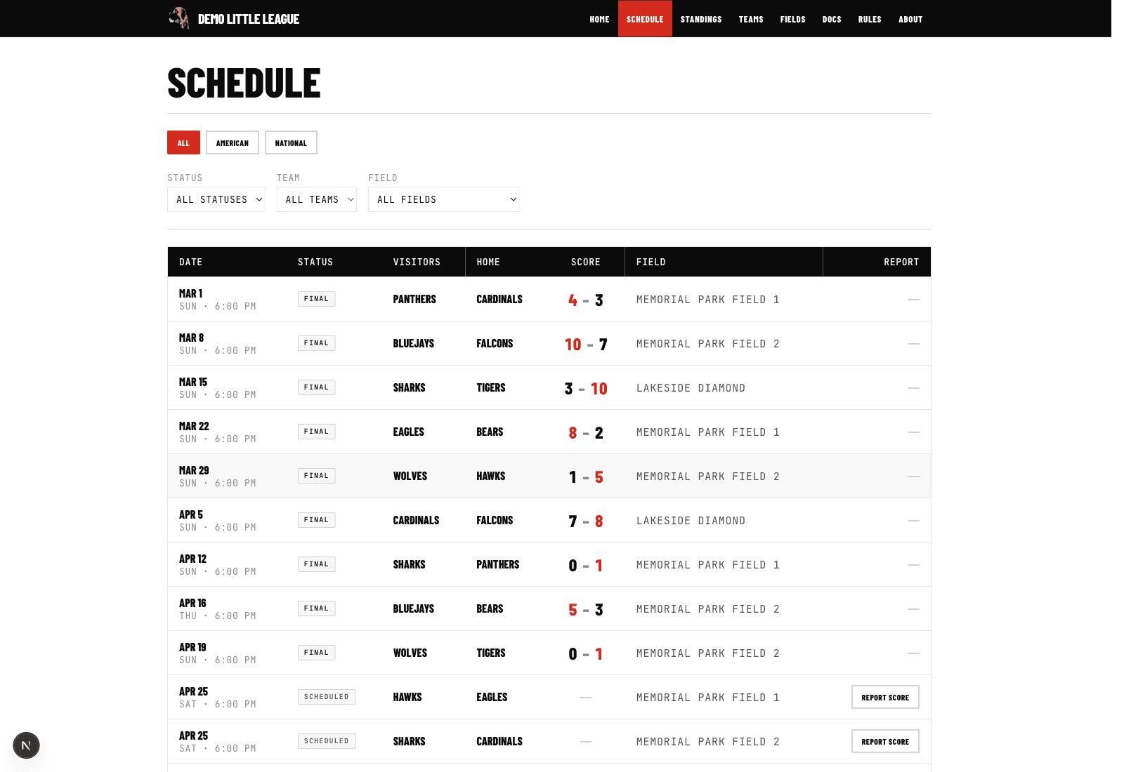 A rec-league schedule with several finals reported